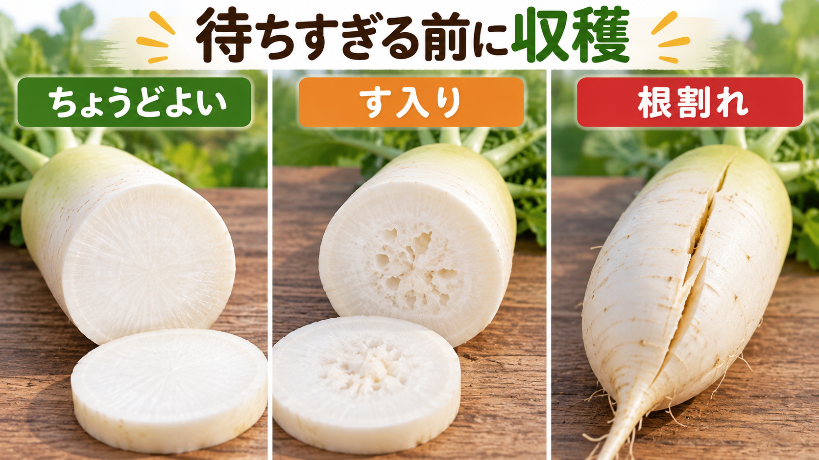 正常な大根・す入り・根割れを比べた図解