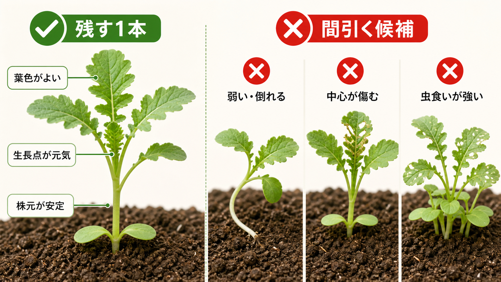 大根の間引きで残す健全な苗と整理する苗の比較