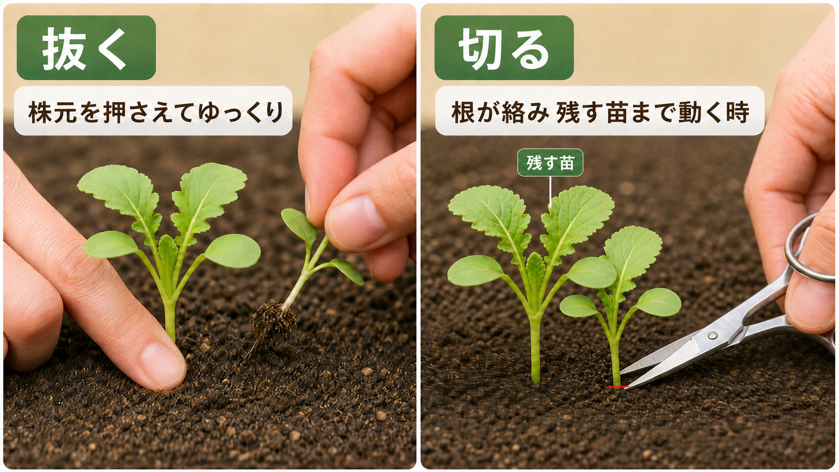 大根の苗を引き抜く場合と地際で切る場合の使い分け