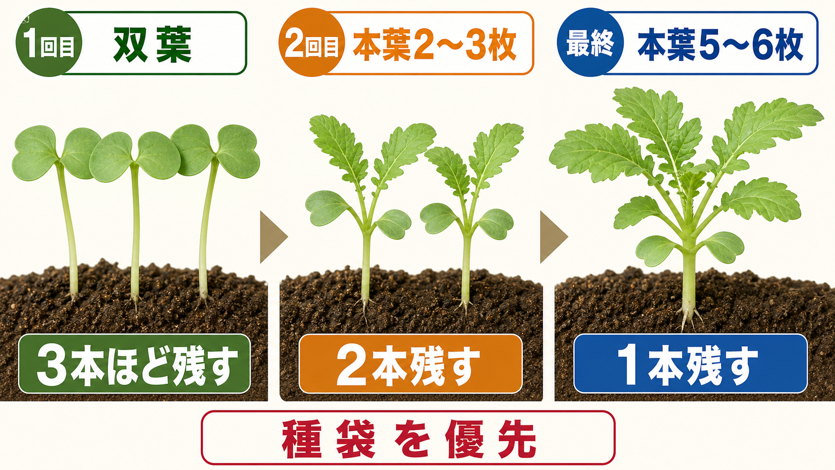 大根を双葉、本葉2～3枚、本葉5～6枚で間引く3段階