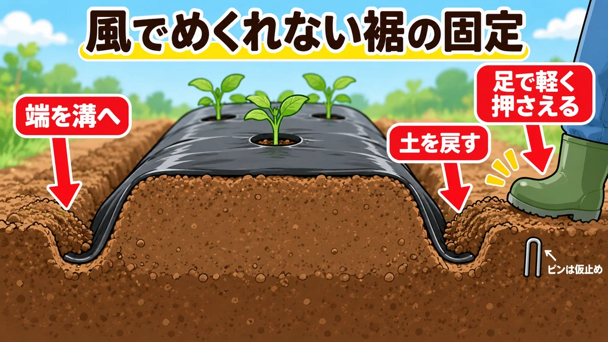 マルチの端を溝へ入れ、土を戻して固定する断面図