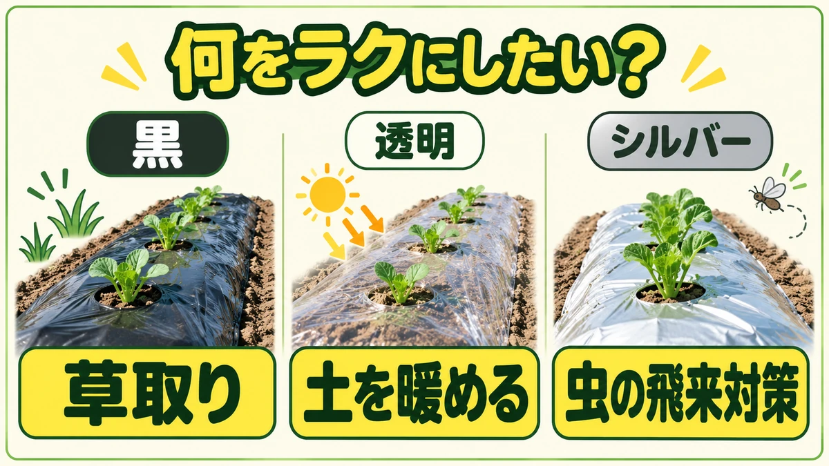草取り、春先の寒さ、夏の暑さや虫から黒・透明・シルバーを選ぶ図