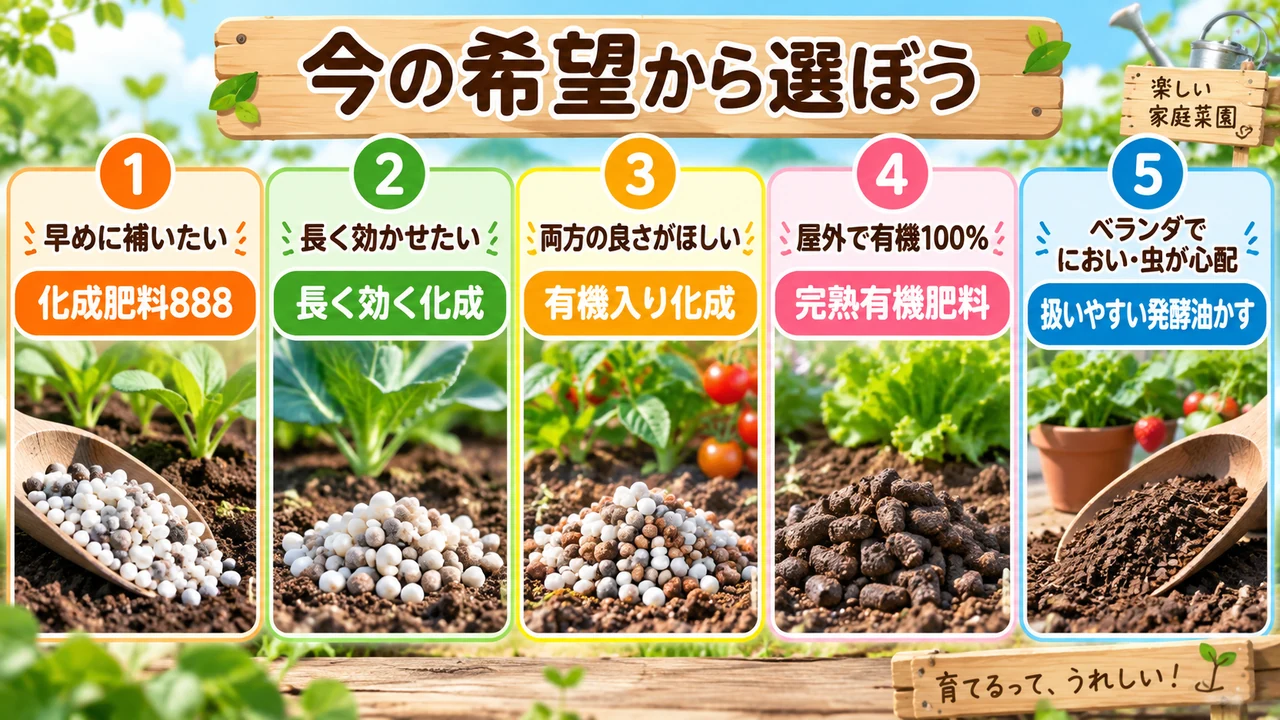 今の希望から有機肥料と化成肥料を選ぶ5つの目安