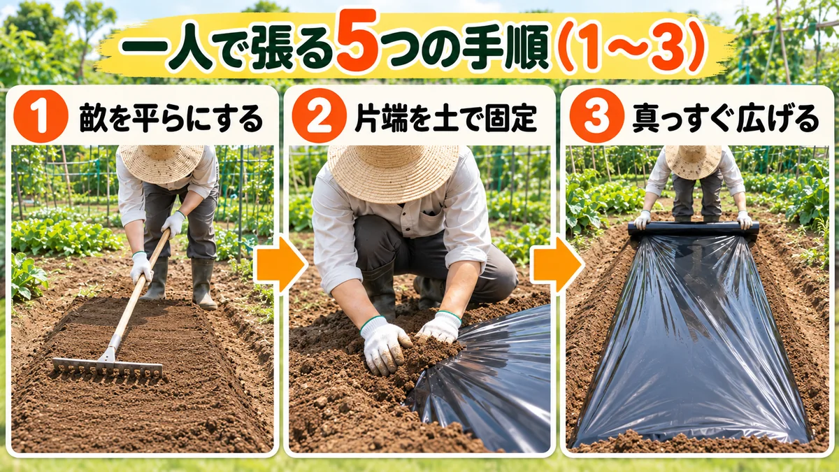 一人でマルチシートを張る手順1から3。畝を平らにし、片端を固定して真っすぐ広げる