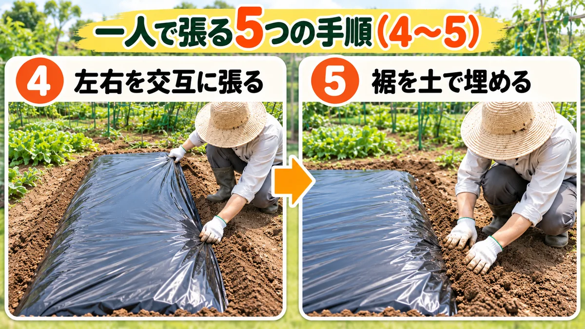 一人でマルチシートを張る手順4と5。左右を交互に張り、裾を土で埋める