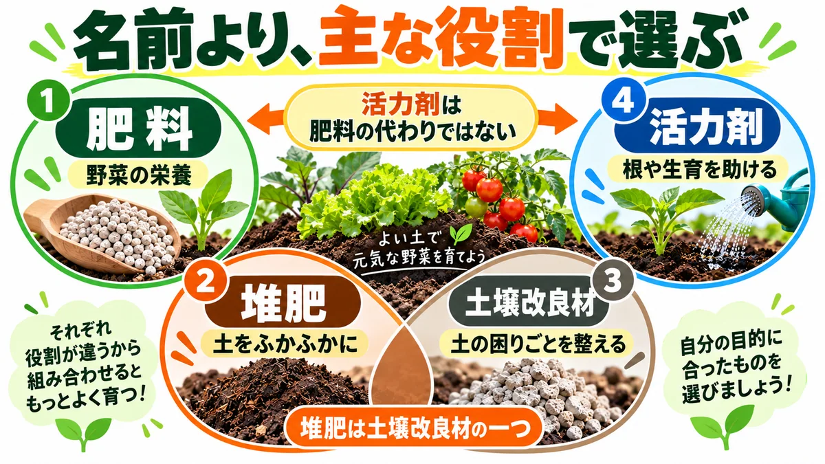 肥料・堆肥・土壌改良材・活力剤を主な役割で比べる図