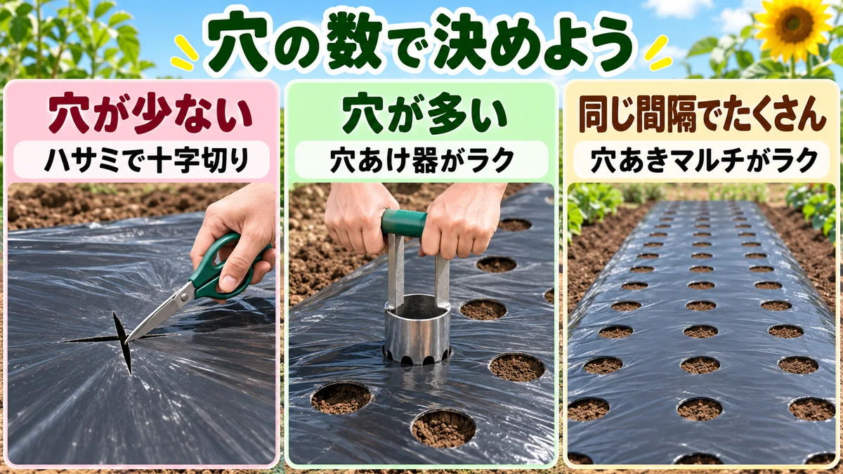植え穴の数に合わせて、はさみ・穴あけ器・穴あきマルチを選ぶ図
