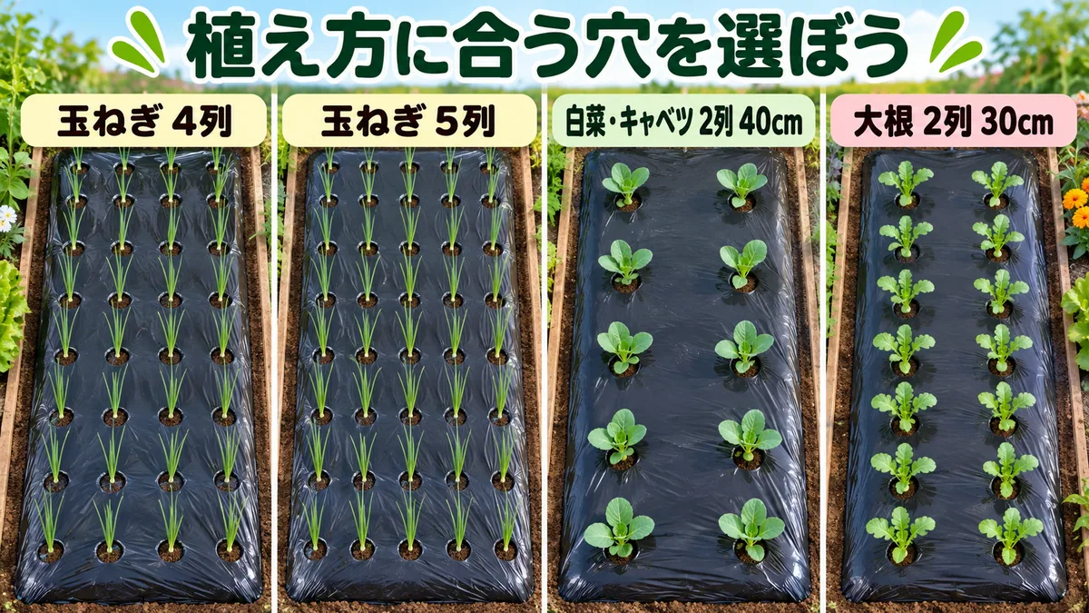 玉ねぎ4列と5列、白菜・キャベツ40cm、大根30cmの穴配置を比べる図