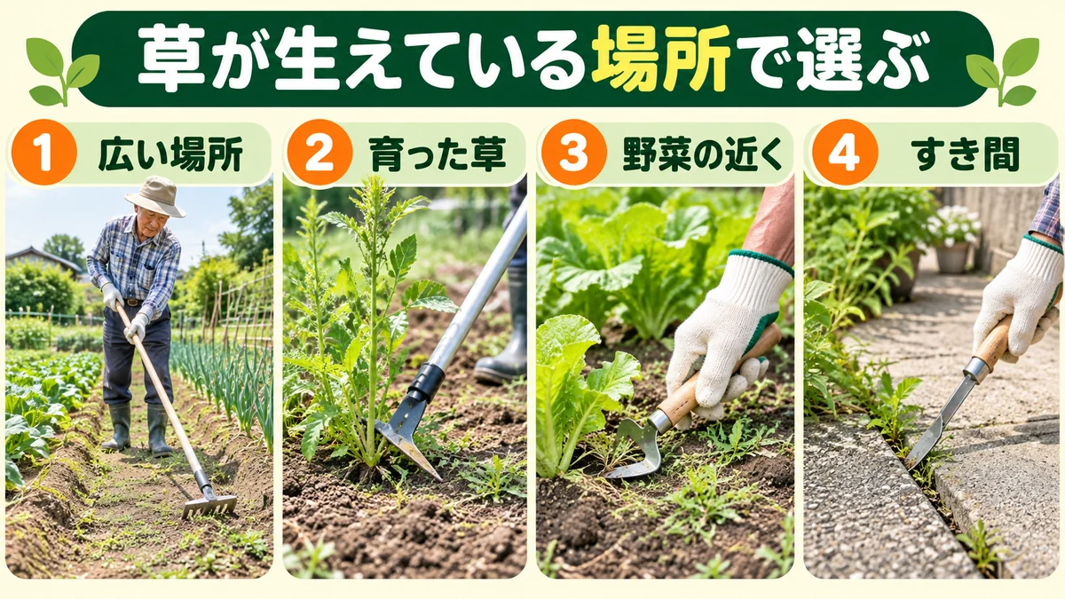 草が生えている場所と状態から、合う草取り道具を選ぶ図