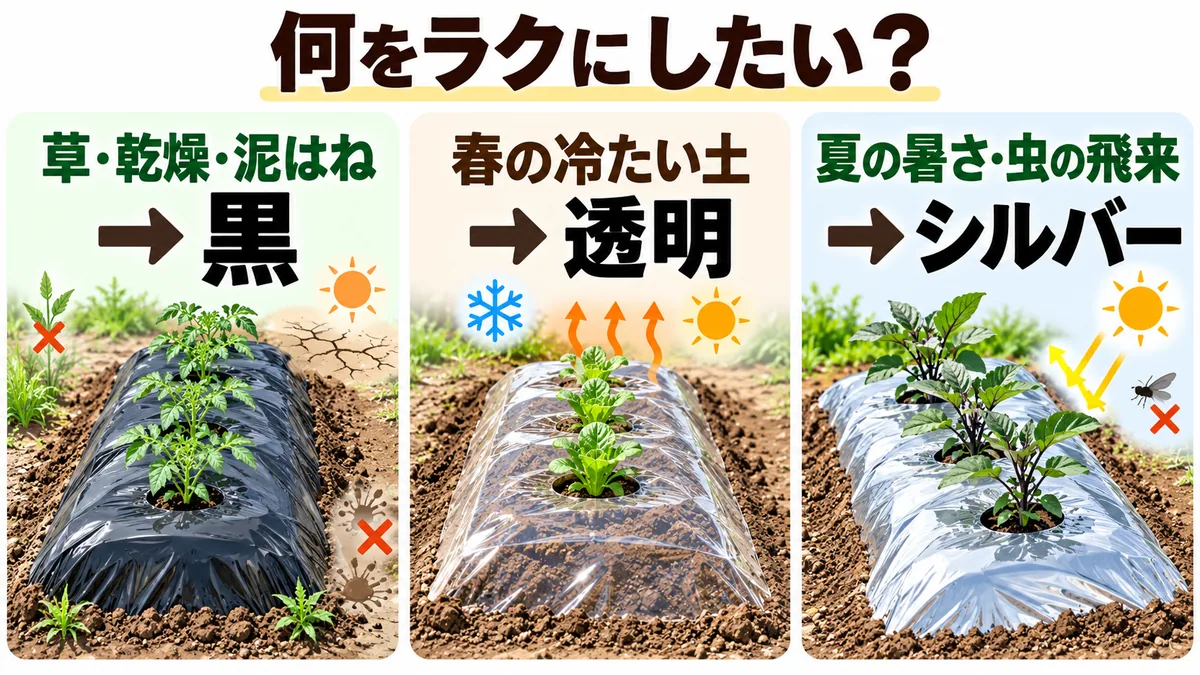 マルチで減らしたい手間から黒・透明・シルバーを選ぶ図