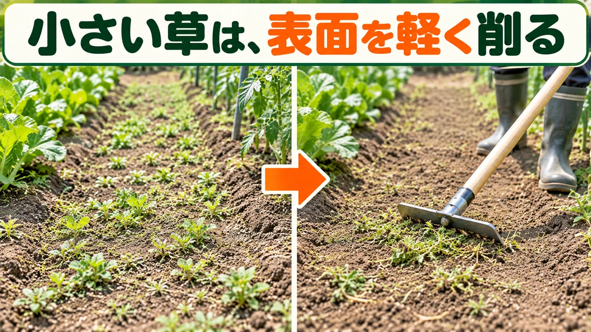 小さい草が生えた土の表面を浅く削る前後を示す図