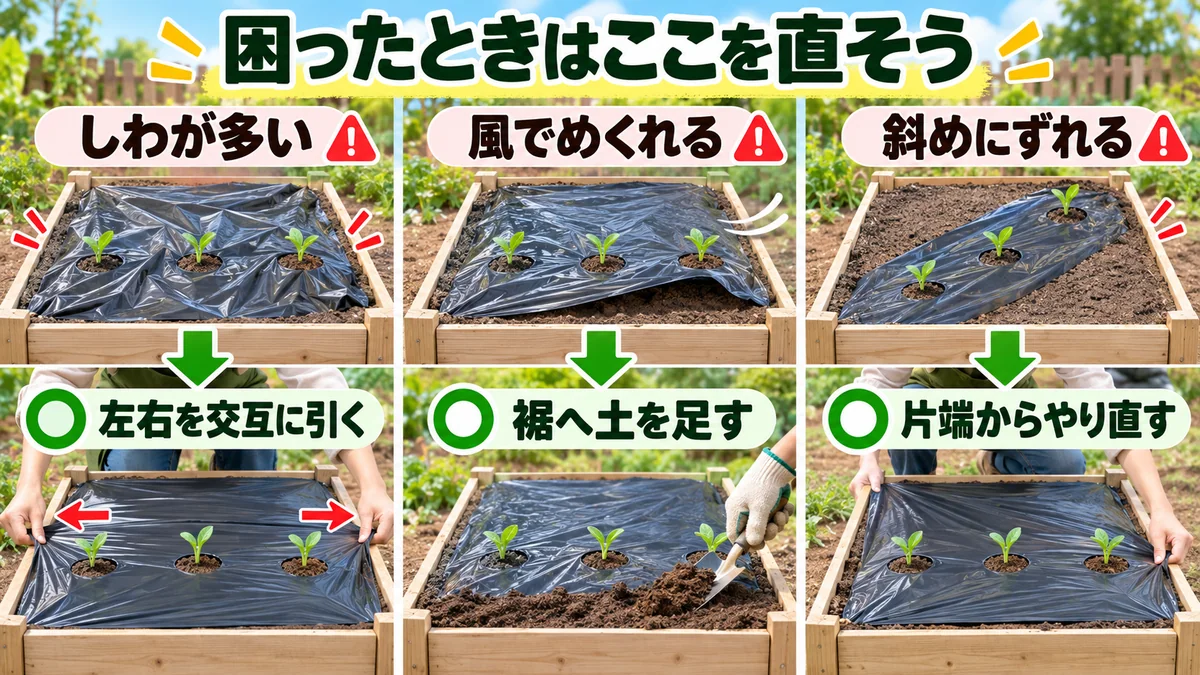 マルチのしわ、風によるめくれ、斜めずれの直し方