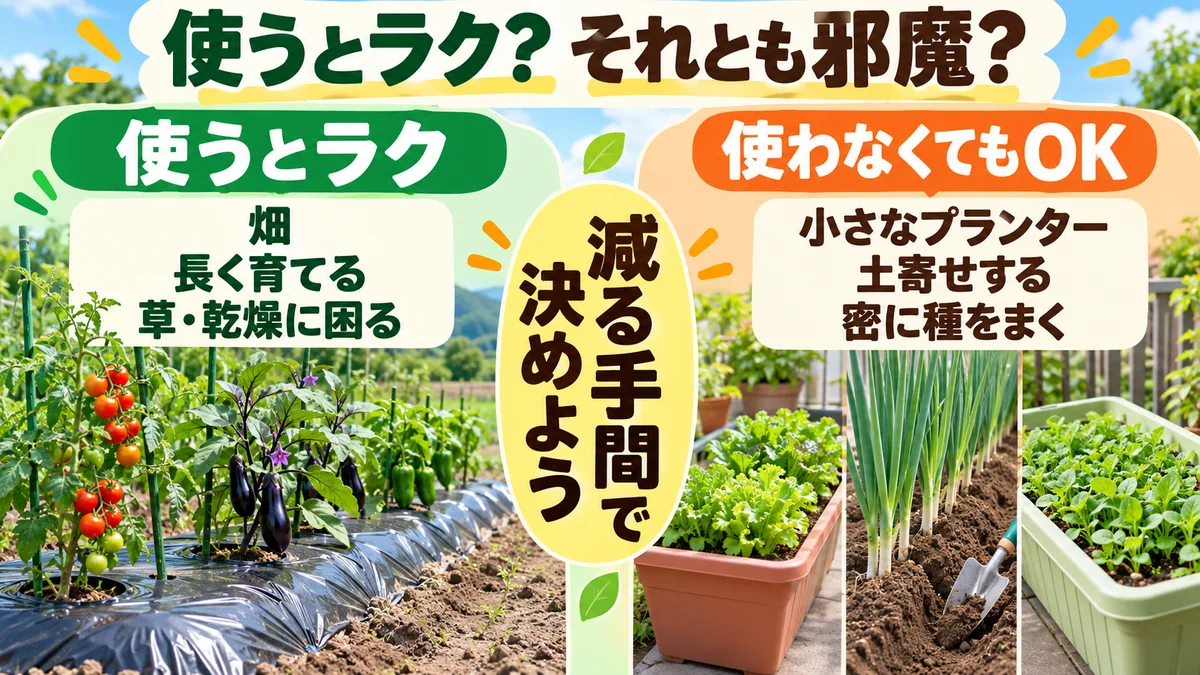 マルチを使うと楽な栽培と使わなくてもよい栽培を比べる図