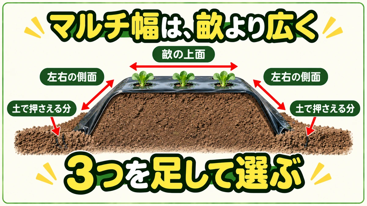 マルチ幅は畝の上面、左右の側面、土で押さえる分を足して選ぶ図