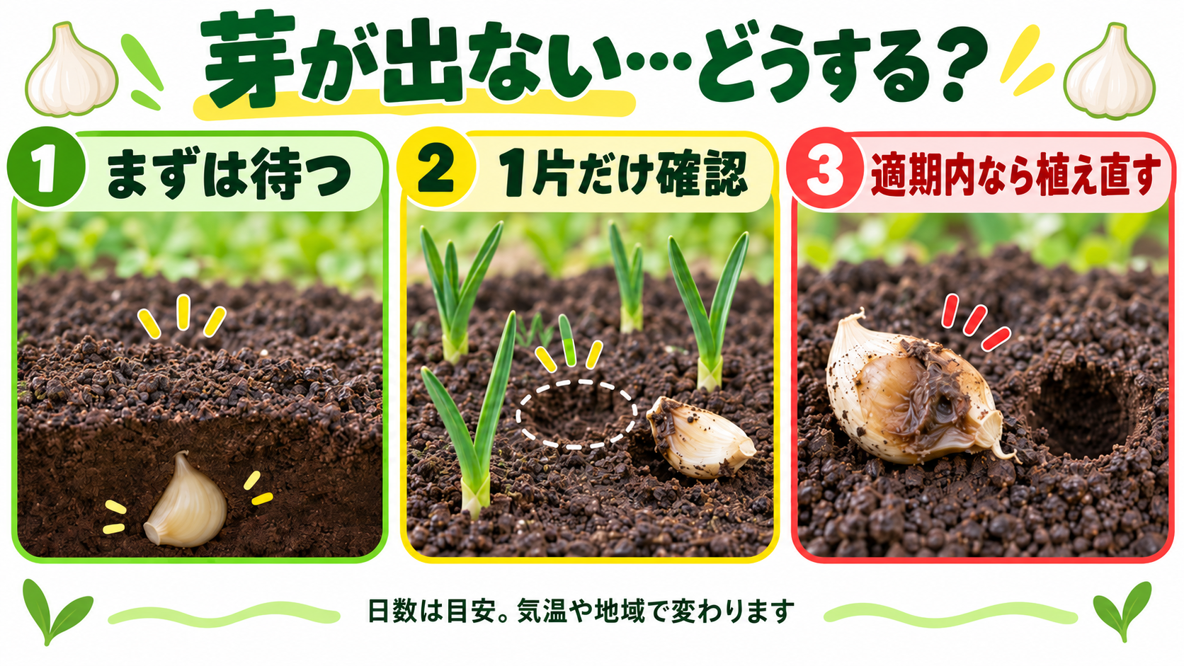 ニンニクの芽が出ないときの、待つ・確認・植え直す判断
