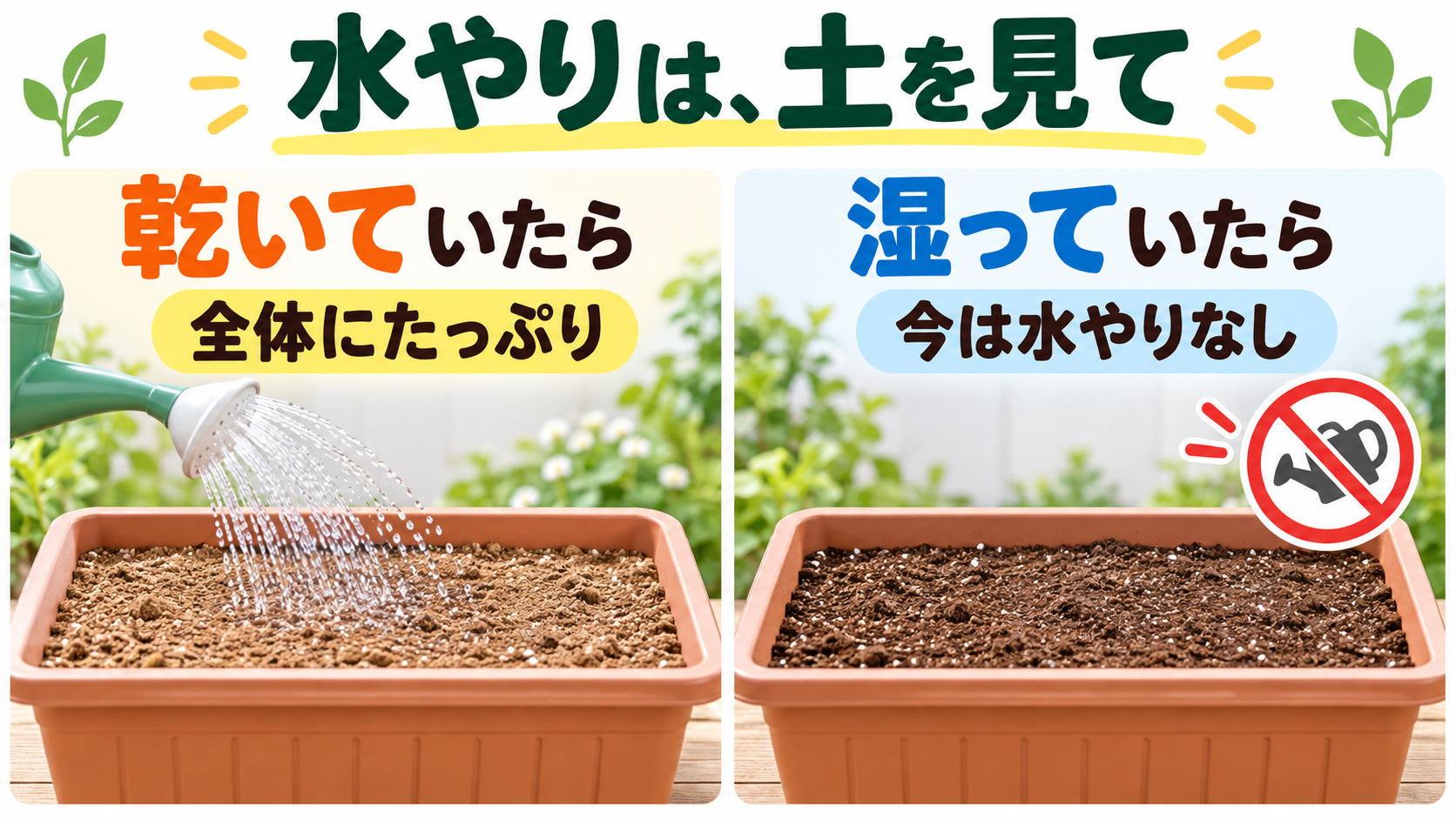 土が乾いていれば水やり、湿っていれば待つニンニクの水やり図