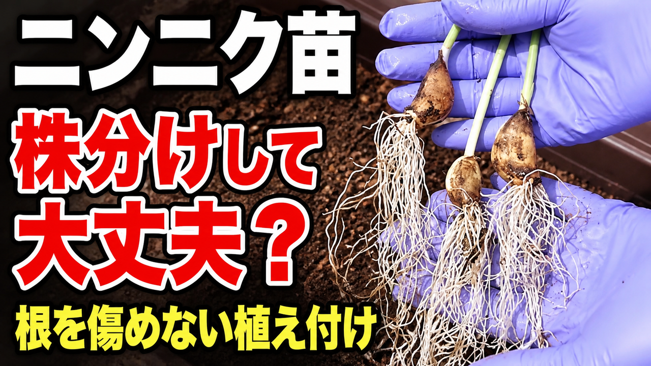 ニンニク苗を株分けして根を傷めずに植え付ける方法を伝えるアイキャッチ