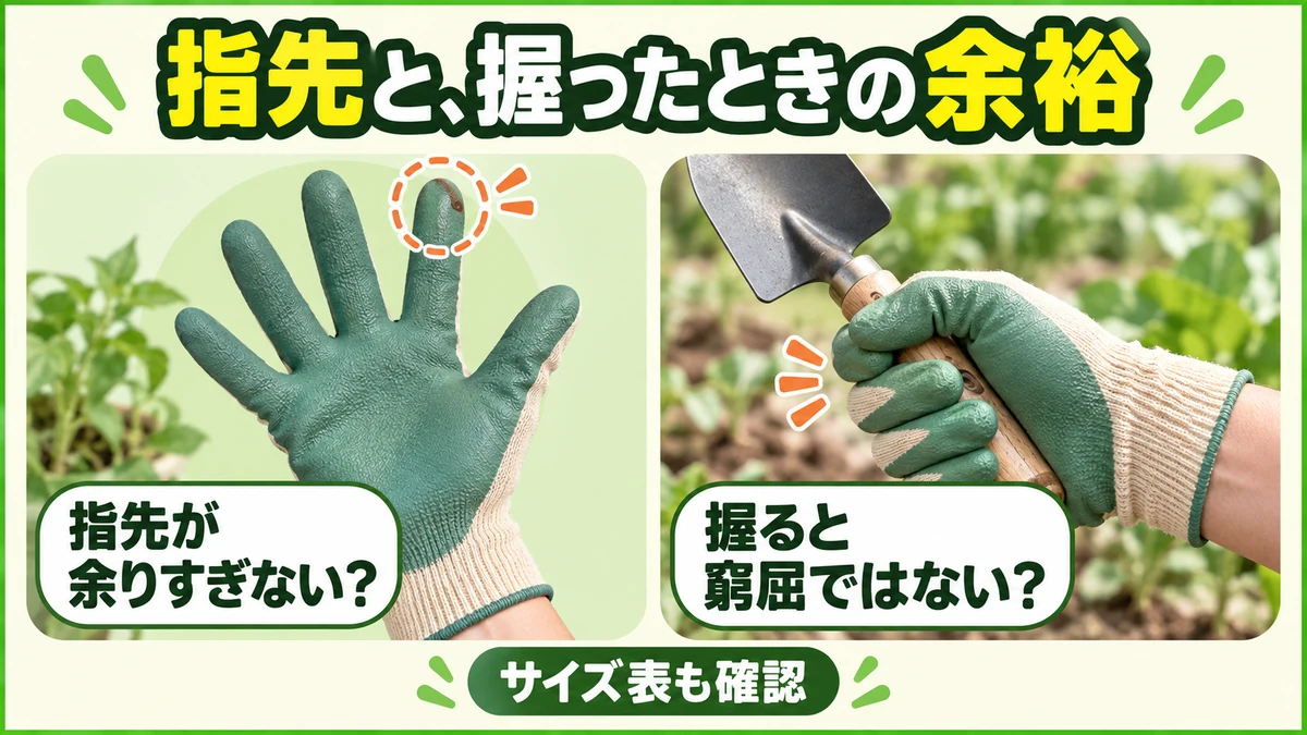 指先の余りと道具を握ったときのフィット感を確認する図
