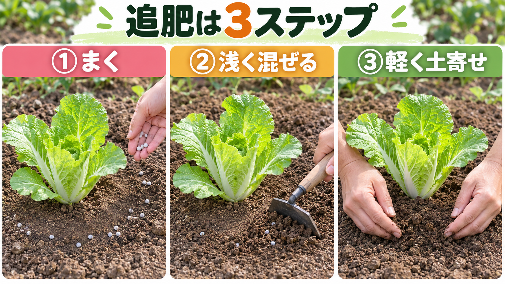 白菜へ追肥をまき浅く混ぜ初期だけ土寄せする3動作