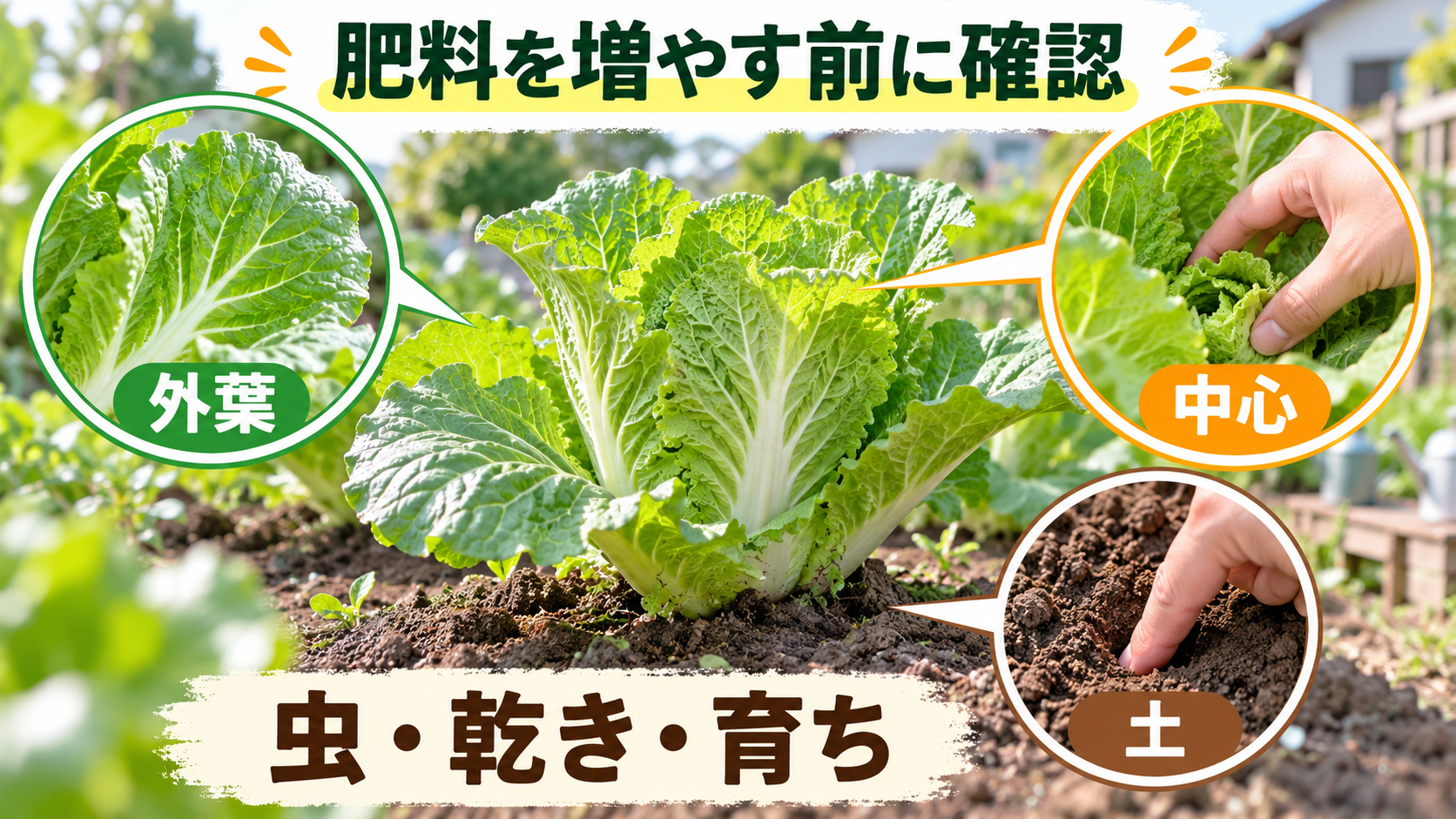 白菜へ肥料を増やす前に外葉・中心・土を確認する図