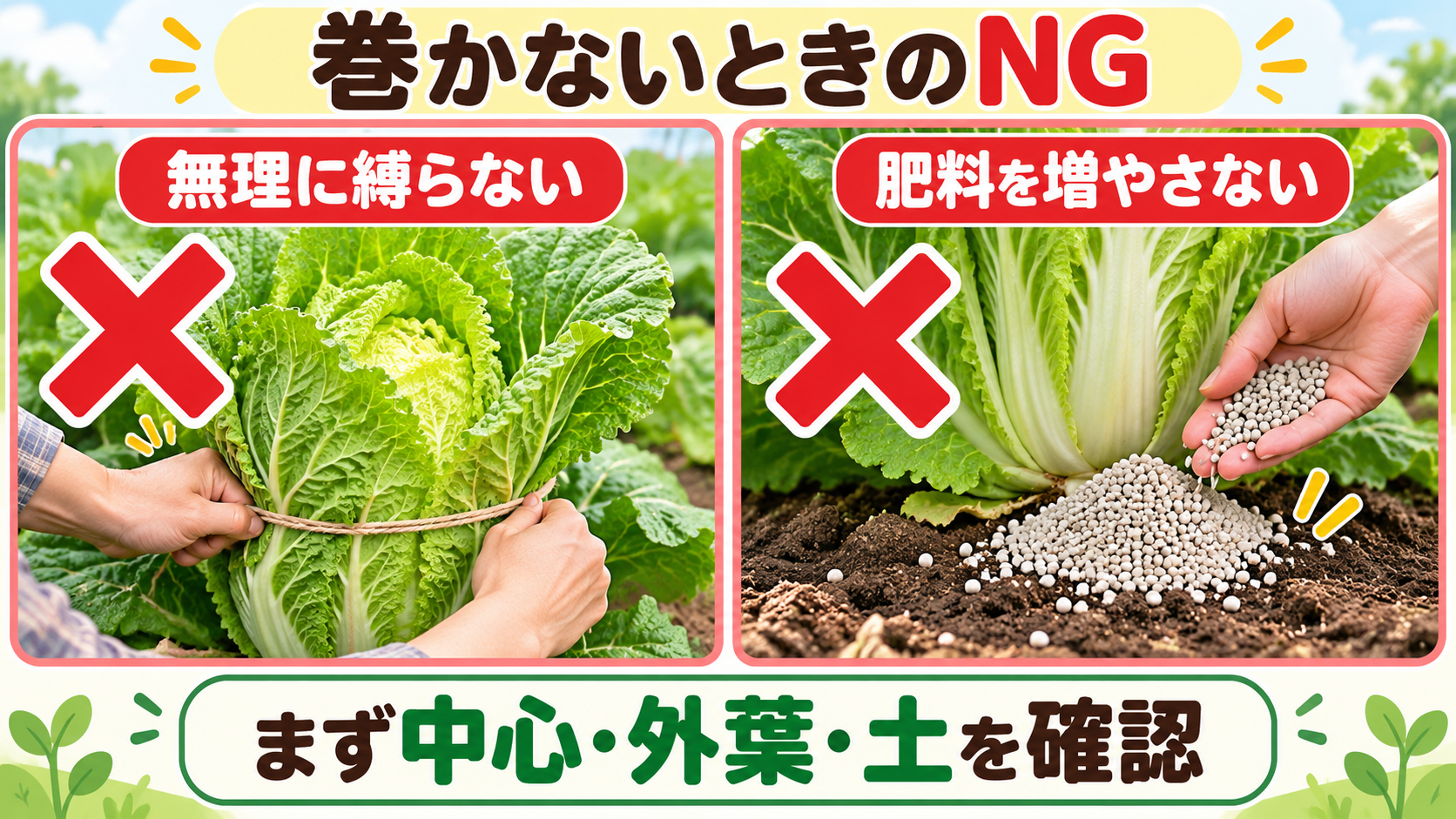 白菜を巻かせるために葉を縛ることと肥料を増やすことはしない