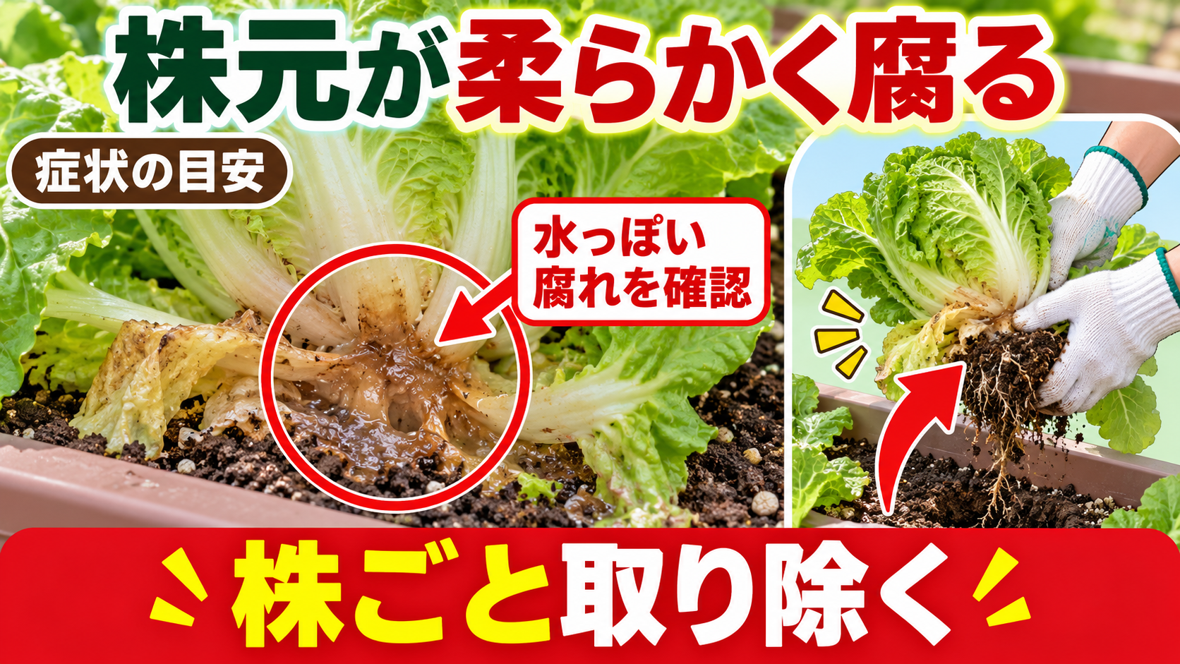 白菜の株元が水っぽく柔らかく腐る症状の目安