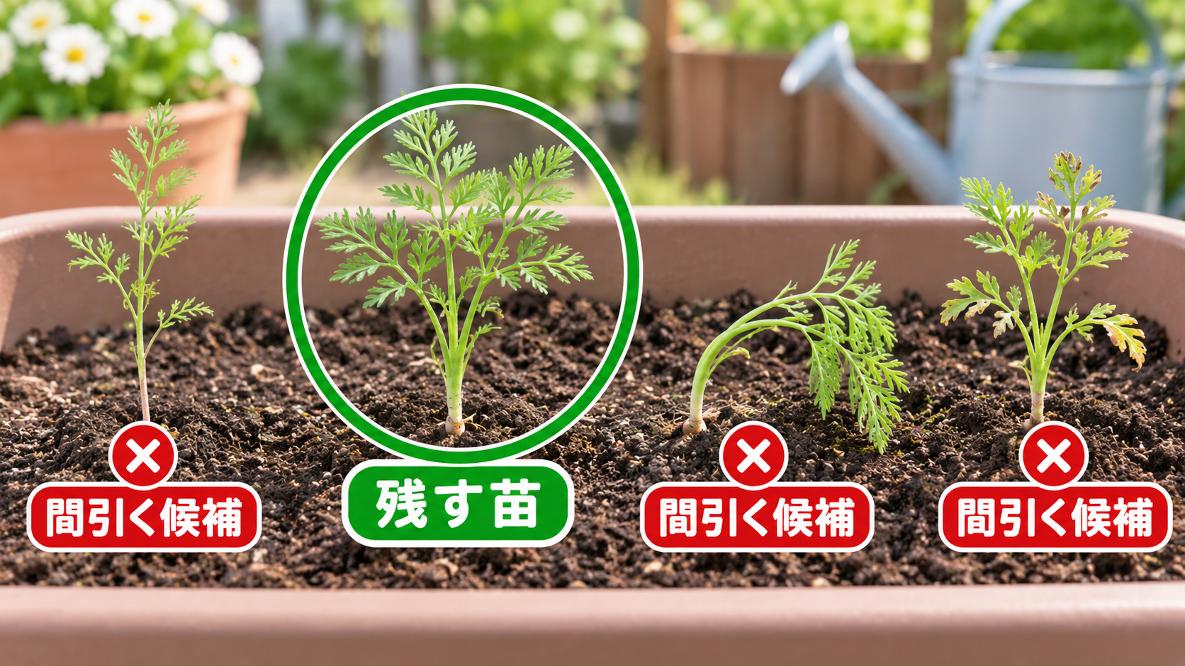 ニンジンの残す苗と間引く候補を比較した図