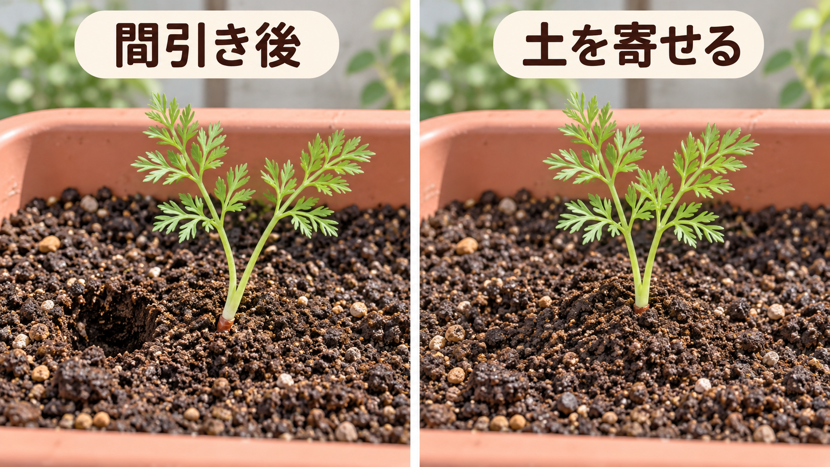 ニンジンの間引き後に土寄せする前と後を比較した図