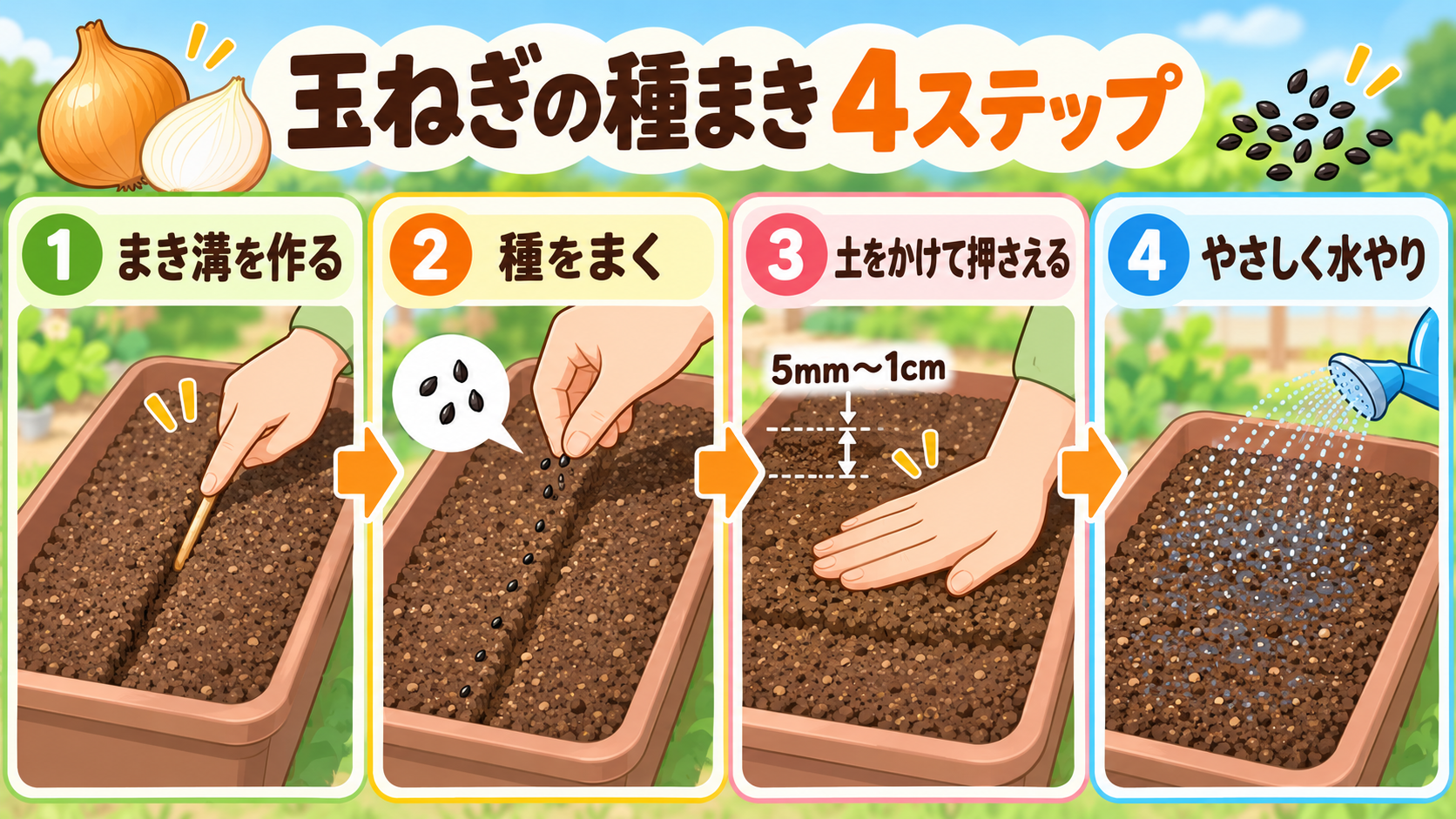 玉ねぎの種まき手順を4段階で示した図解