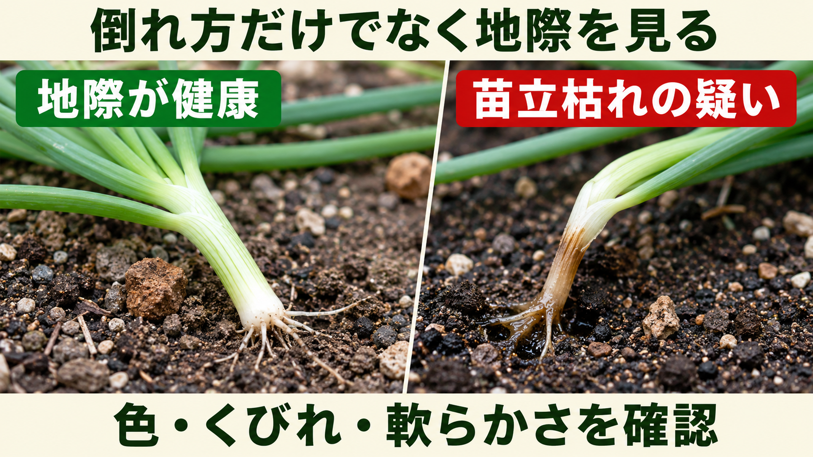 玉ねぎ苗の健康な地際と傷んだ地際の比較