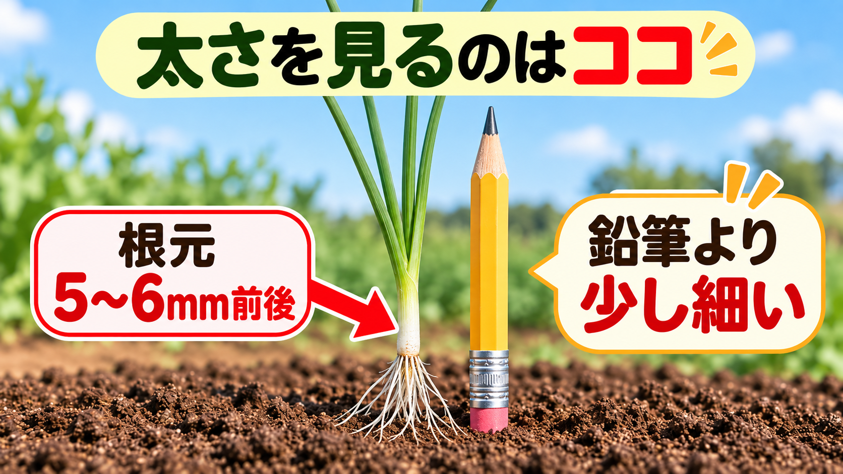玉ねぎ苗の根元5〜6mmと鉛筆の太さを比べる図
