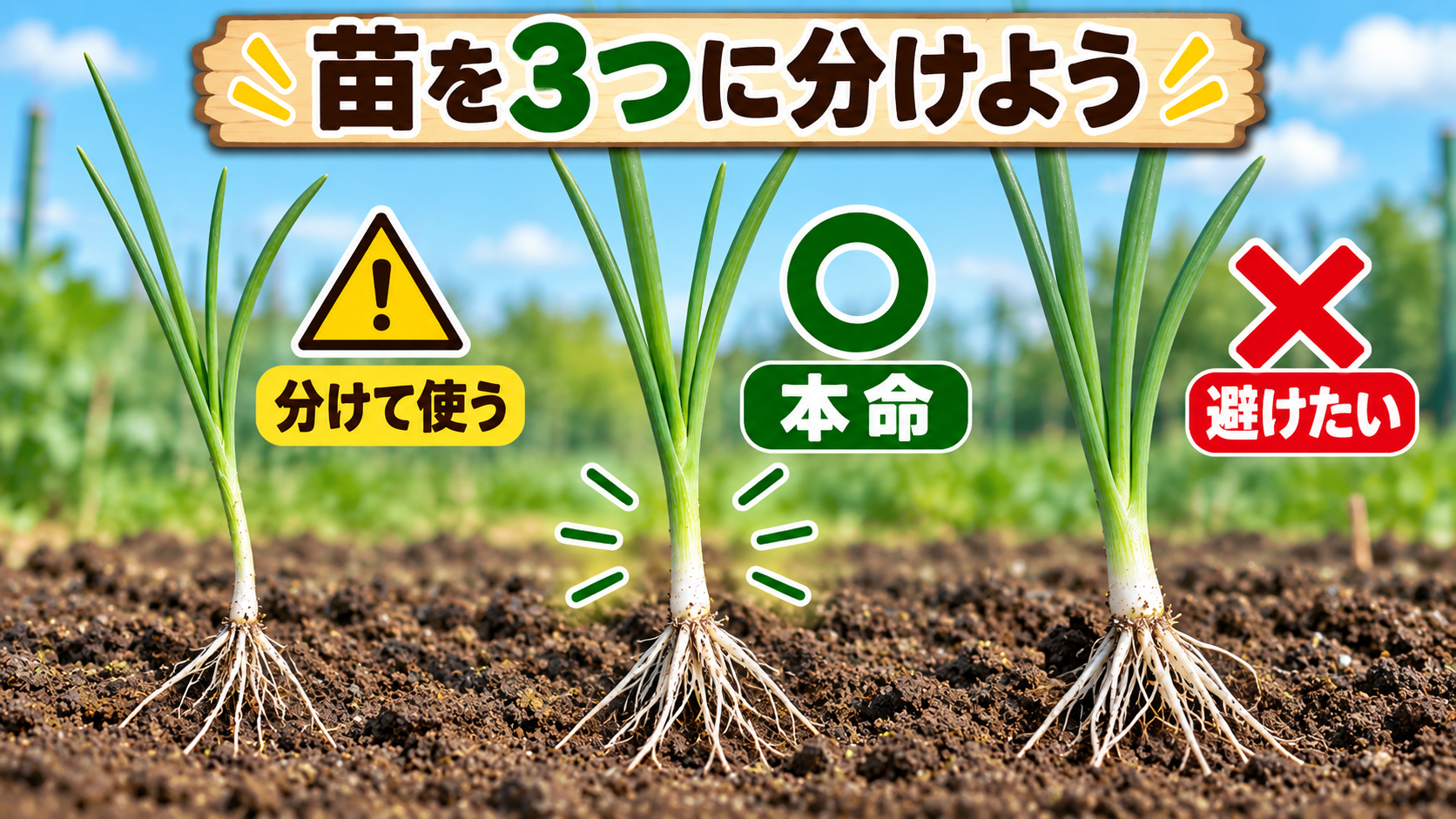 玉ねぎ苗を本命・分けて使う・避けたいの3つに分ける図