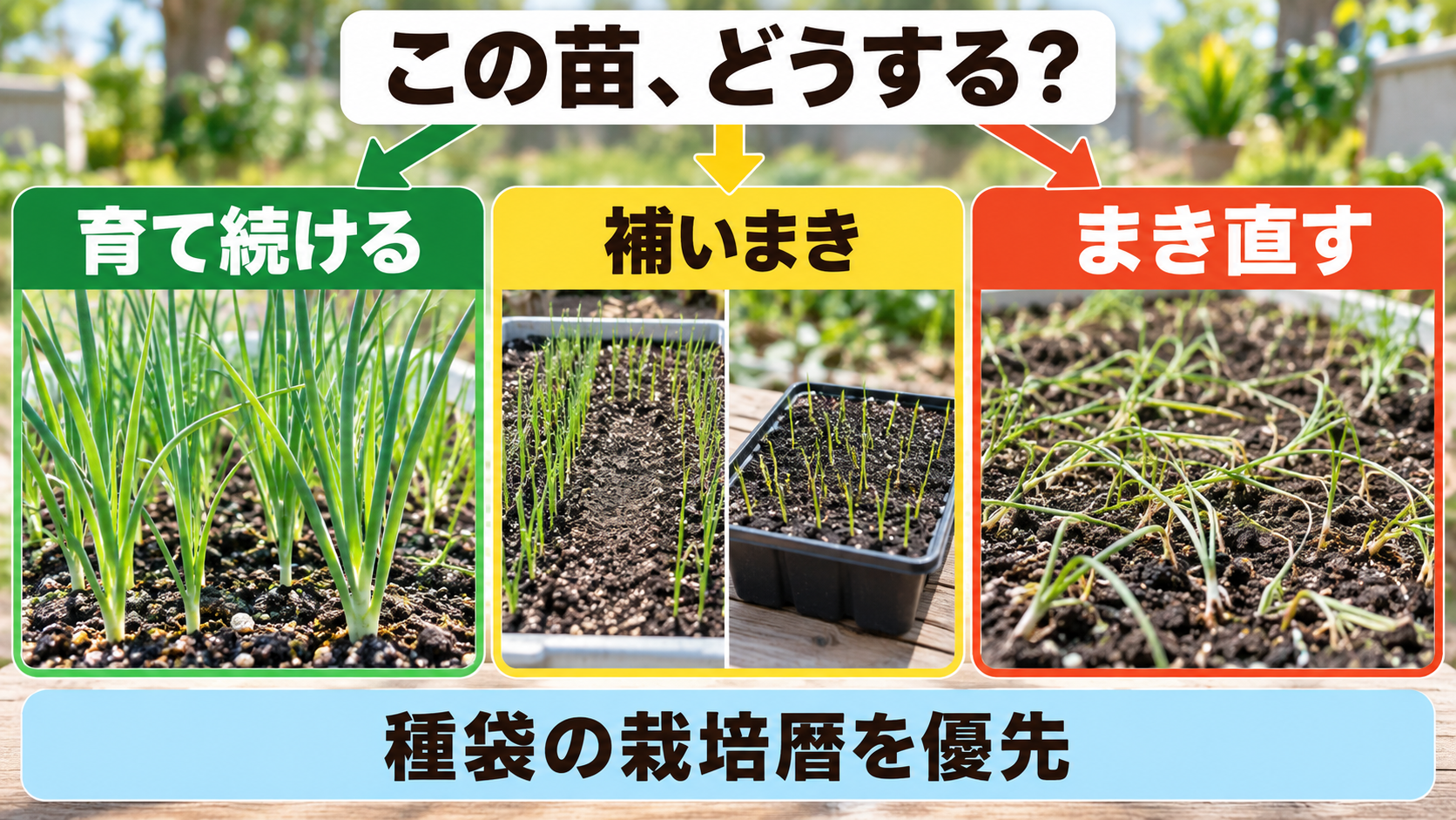 玉ねぎ苗を育て続けるか補いまき、まき直しを選ぶ判断
