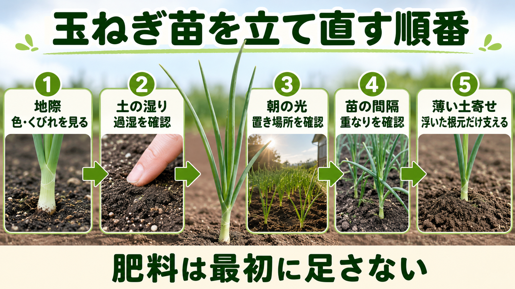 玉ねぎ苗を立て直すために確認する順番