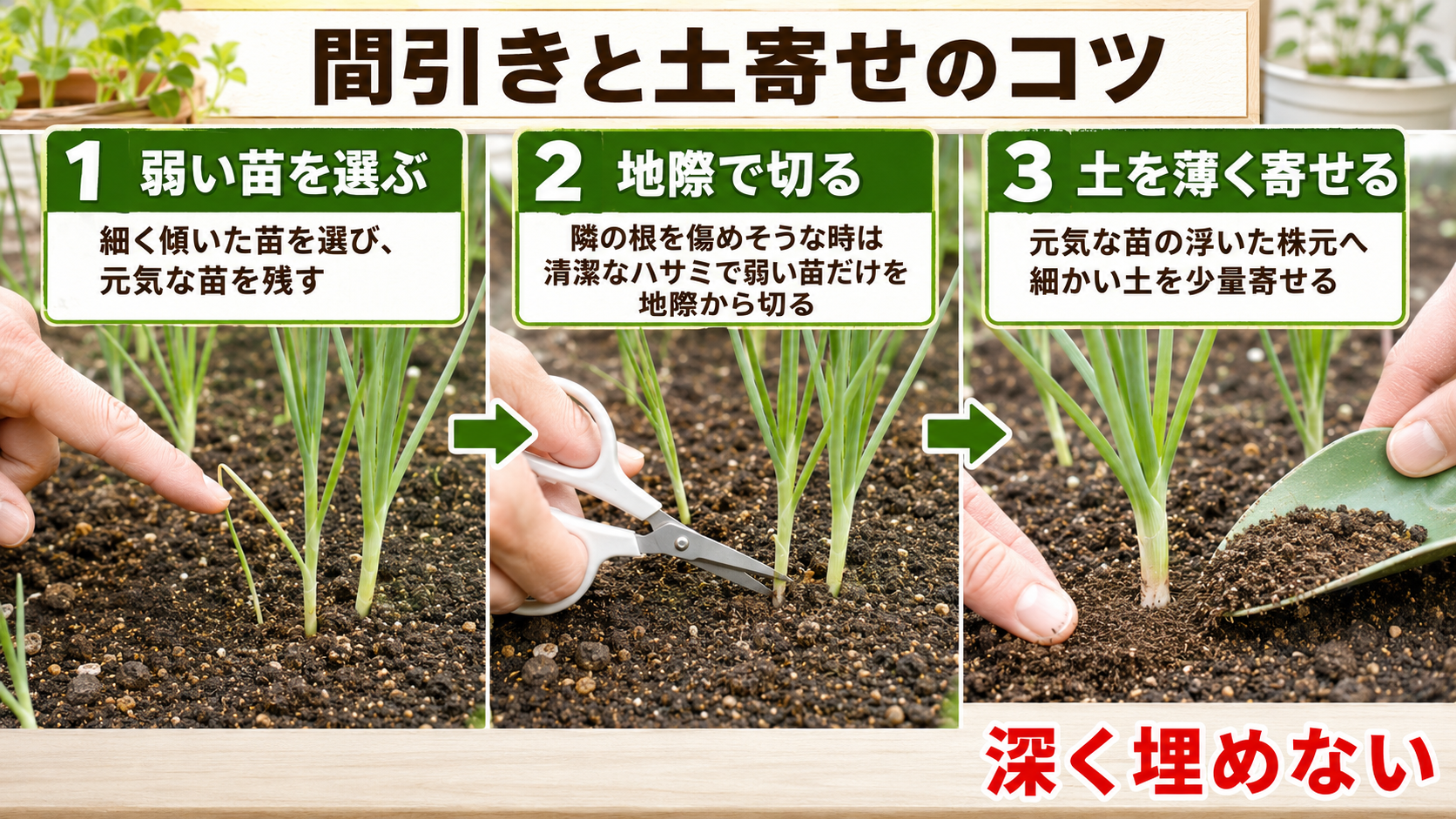 玉ねぎ苗の間引きと株元への薄い土寄せ
