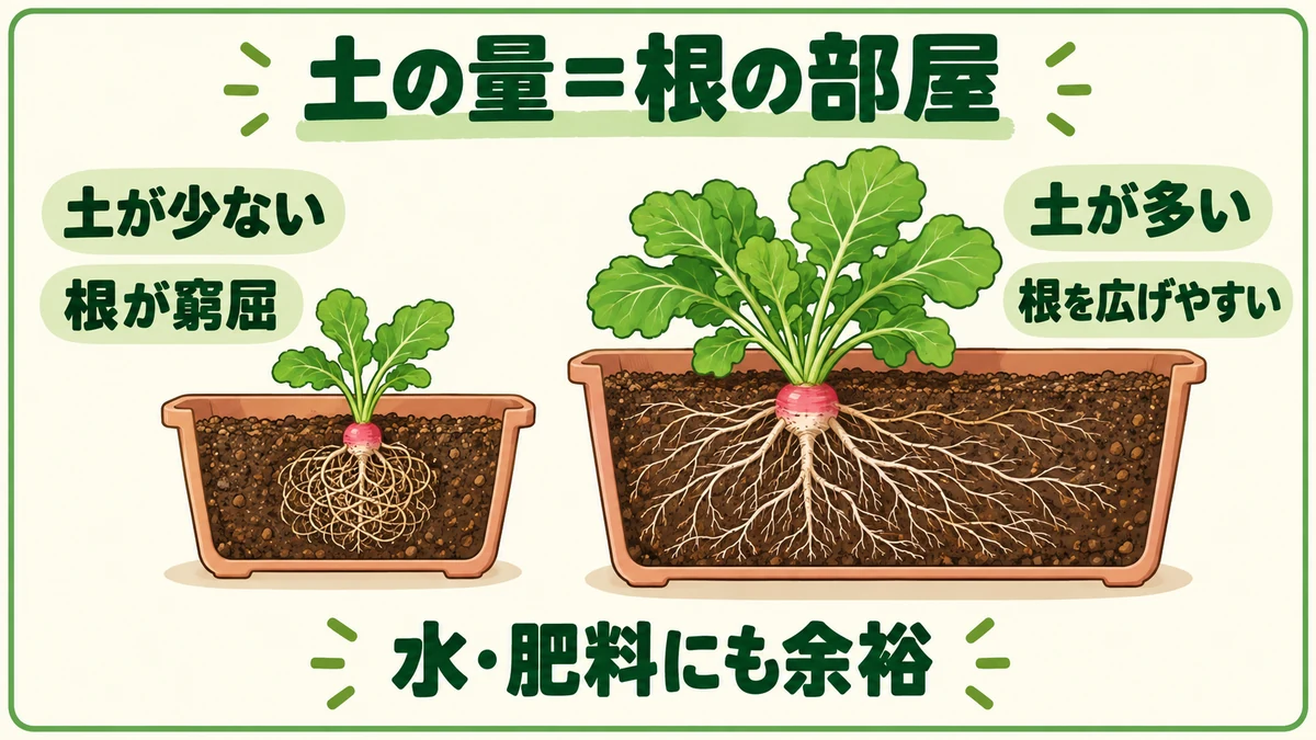 土が多いプランターほど根を広げやすく、水と肥料にも余裕ができることを示す図
