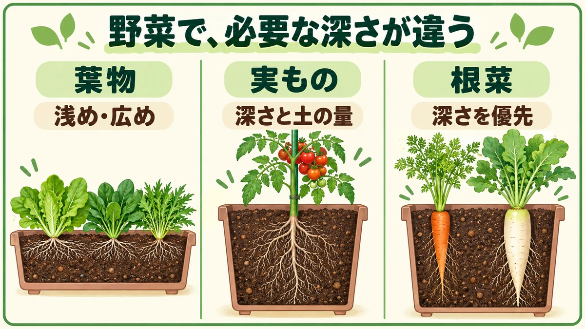 葉物・実もの・根菜でプランターに必要な深さが違うことを示す図