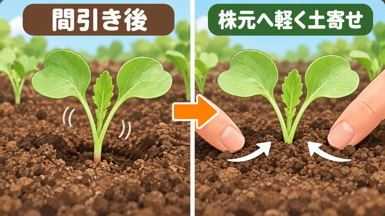 間引き後に左右の土を株元へ軽く寄せる位置を示す図