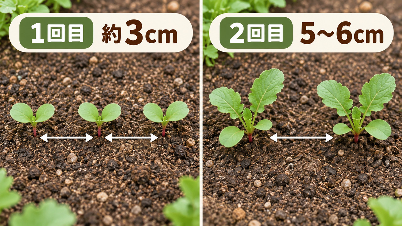 ラディッシュの1回目と2回目の間引き株間を比べる図