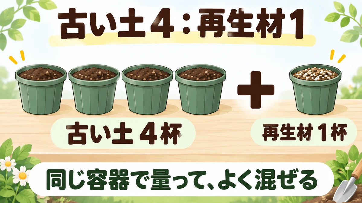 同じ容器で古い土4杯に再生材1杯を加える図