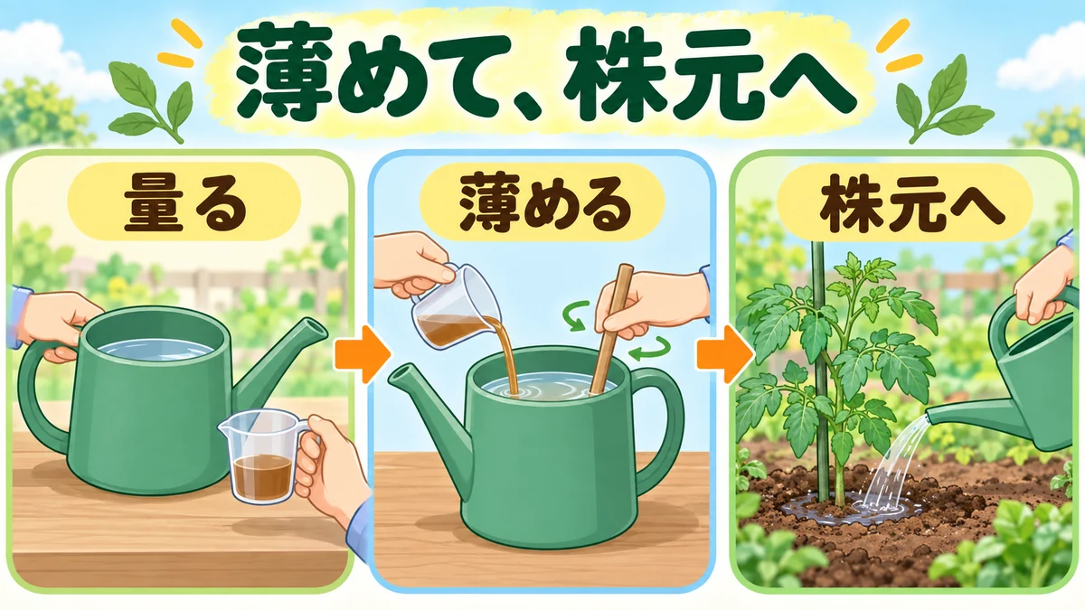 リキダスを量る、ジョウロの水で薄める、野菜の株元へ与える3手順の図