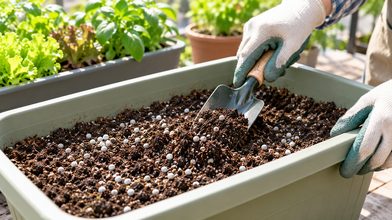 植え付け前のプランター用土へ粒状元肥を混ぜる場面