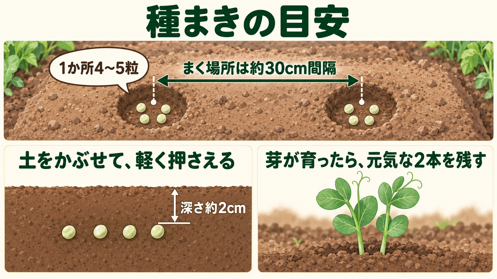 まく場所は約30cm間隔、深さ約2cm、1か所4〜5粒から元気な2本を残す