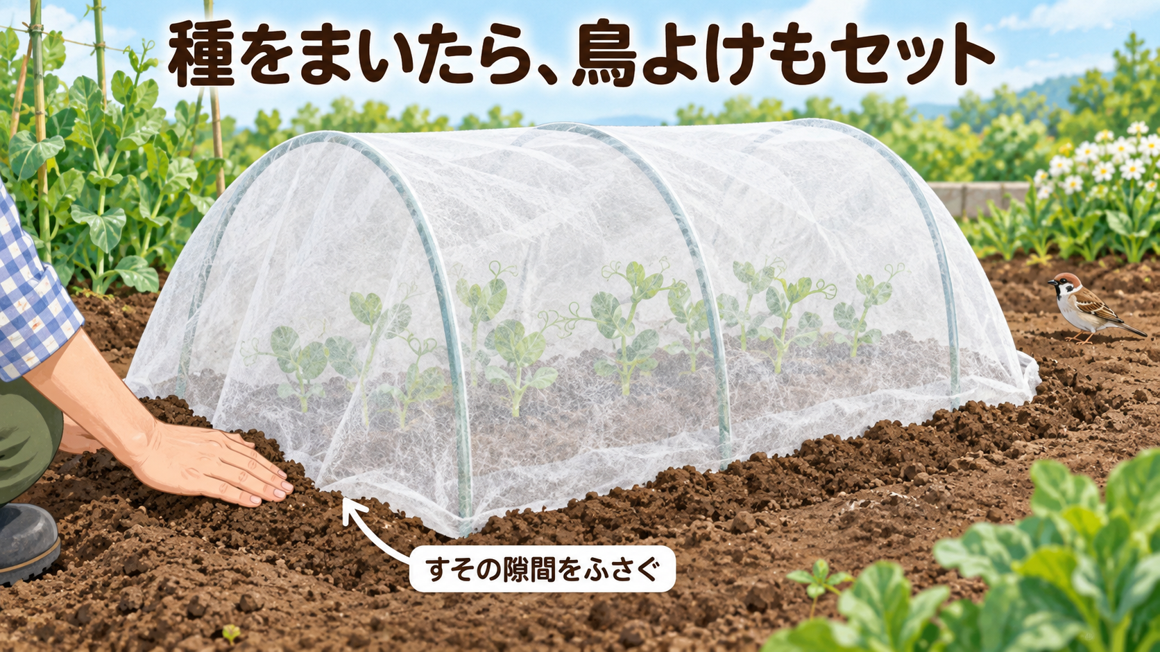 園芸用不織布ですその隙間までふさいだ鳥よけ