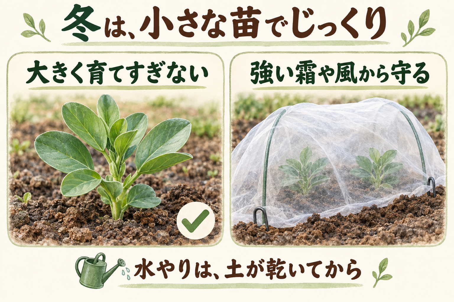 冬は小さな苗を不織布で守り、水は土が乾いてから与える