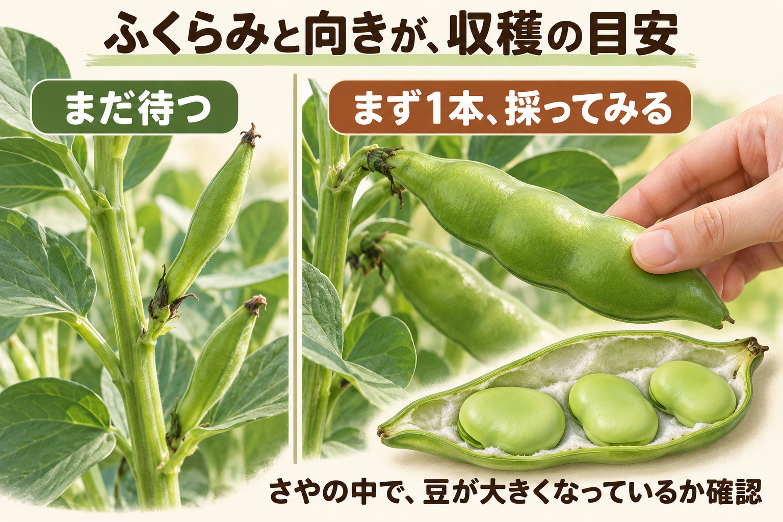 細いさやは待ち、ふくらんで横から下向きになったさやをまず1本収穫する
