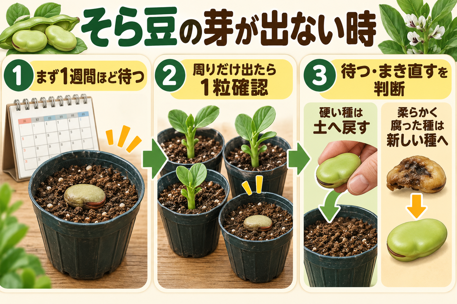 そら豆の発芽を待つ・確認する・まき直す判断
