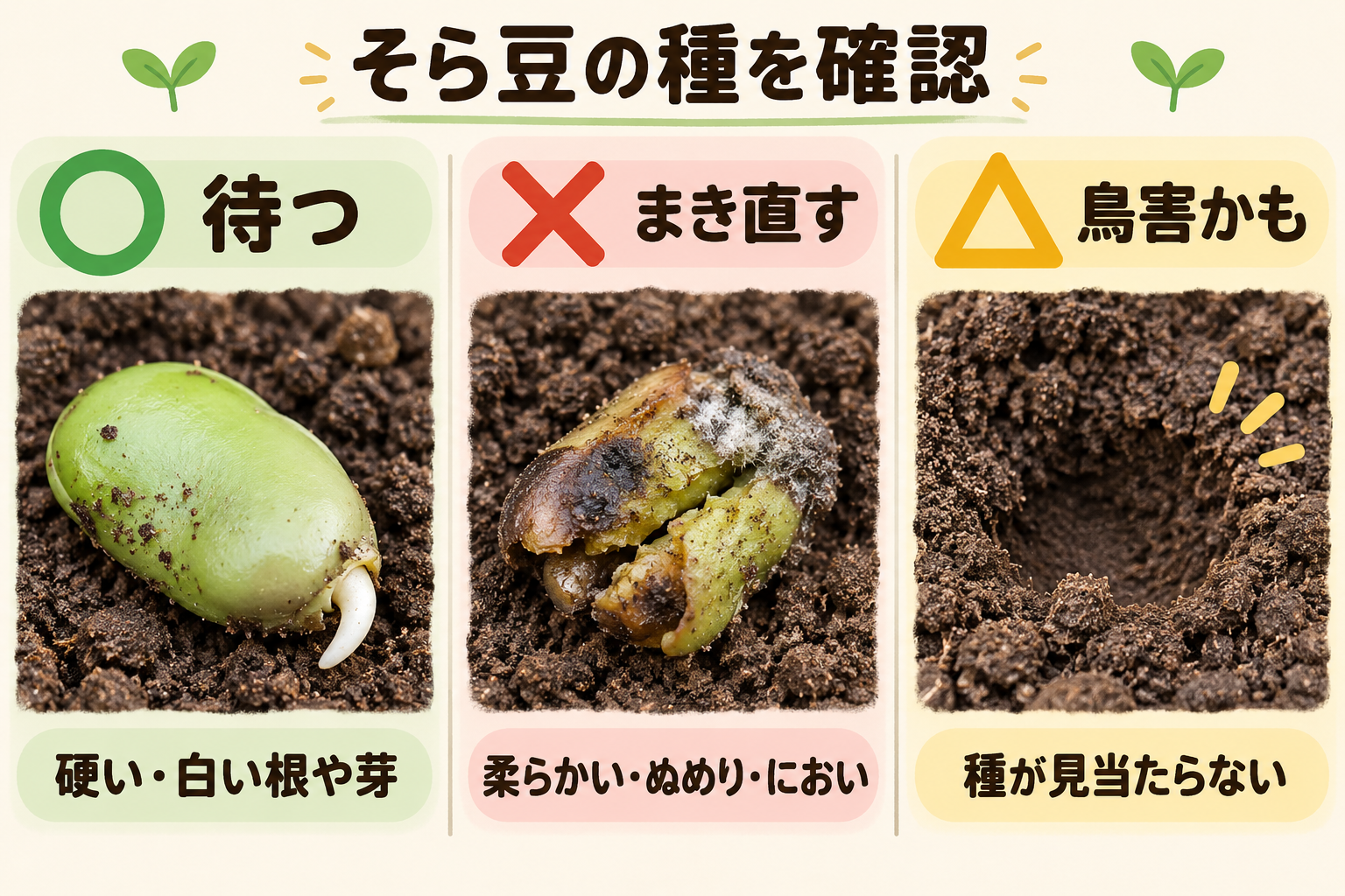 生きているそら豆・腐ったそら豆・鳥害の見分け