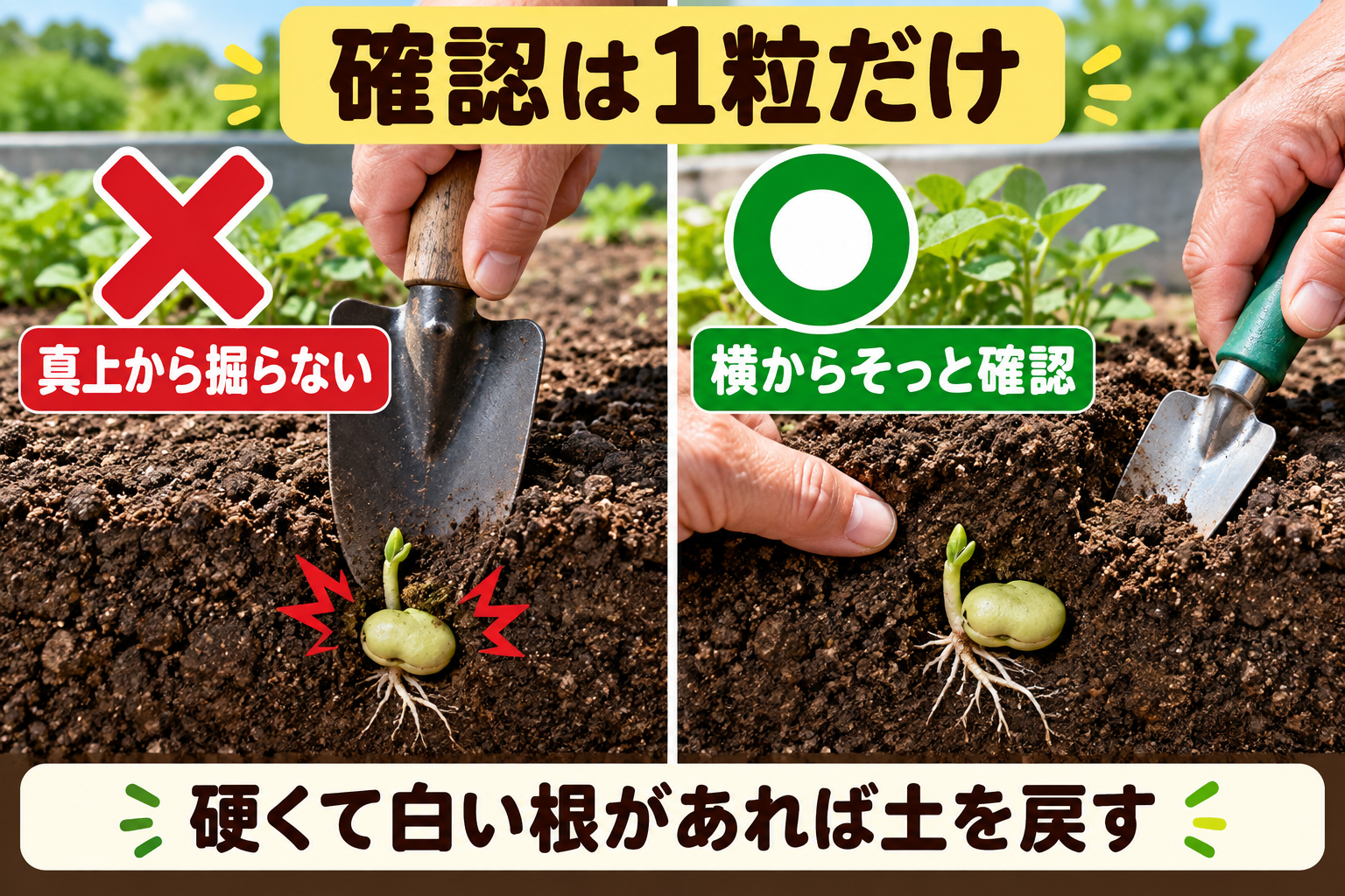 そら豆の種を横から1粒だけ確認する手順