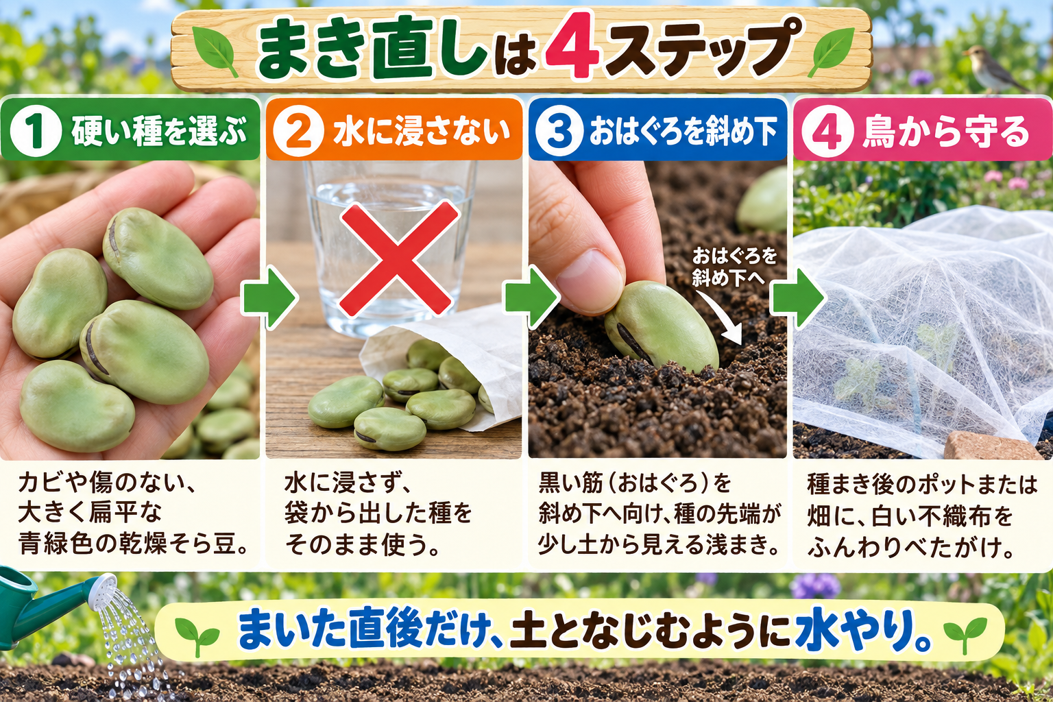 そら豆をまき直す4つの手順